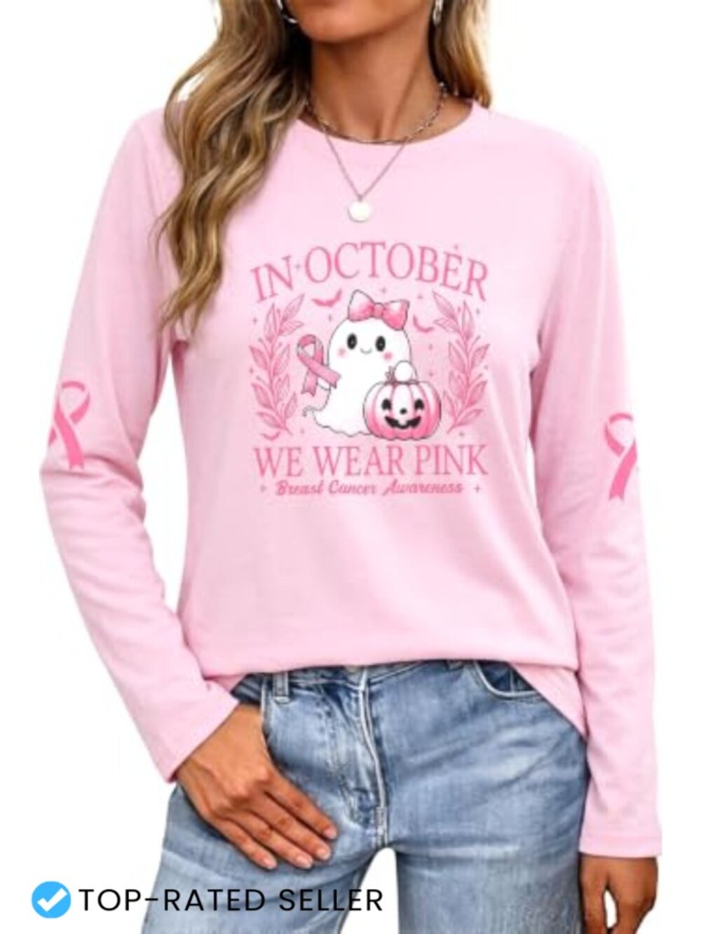 Breast Cancer Awareness Long Sleeve Tee Women October We Wear Pink Halloween